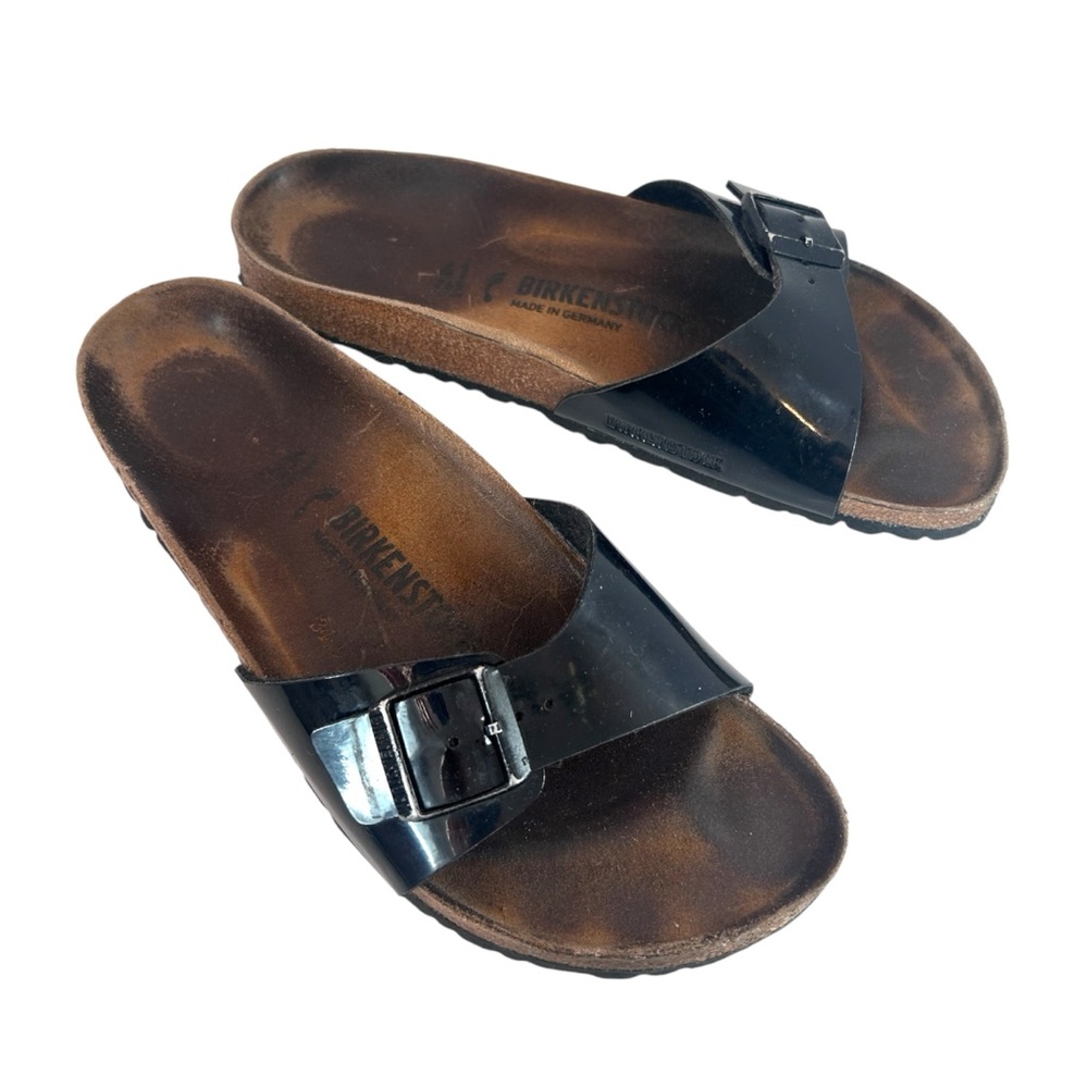 Birkenstock Madrid Black Patent Birko-Flor Mules Sandals Size Womens 41 10-10.5